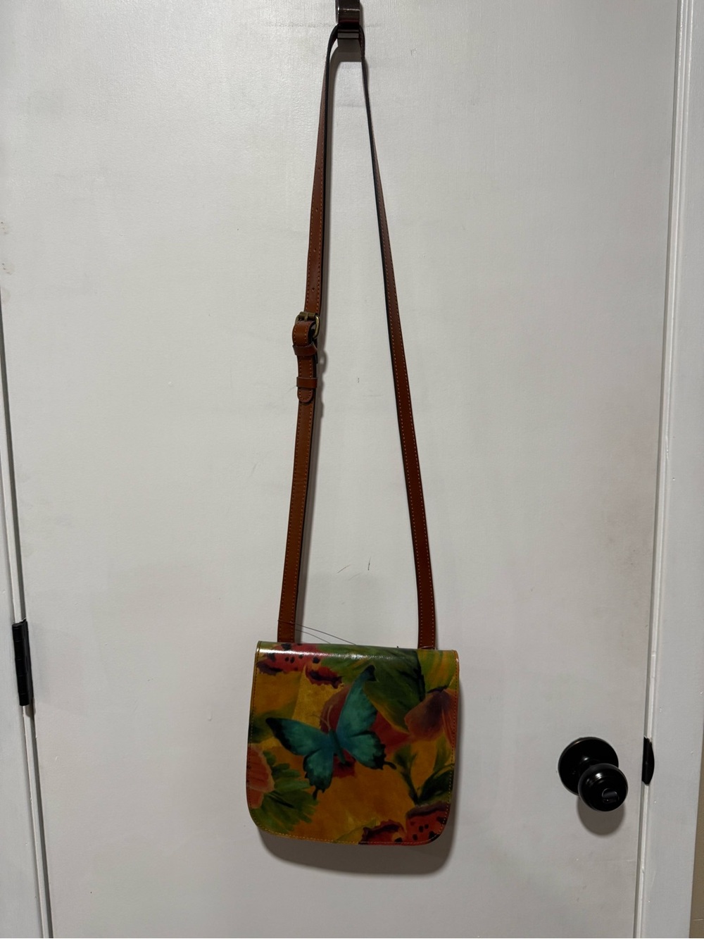 Patricia Nash Yellow Butterfly Crossbody with Brown Leather Strap